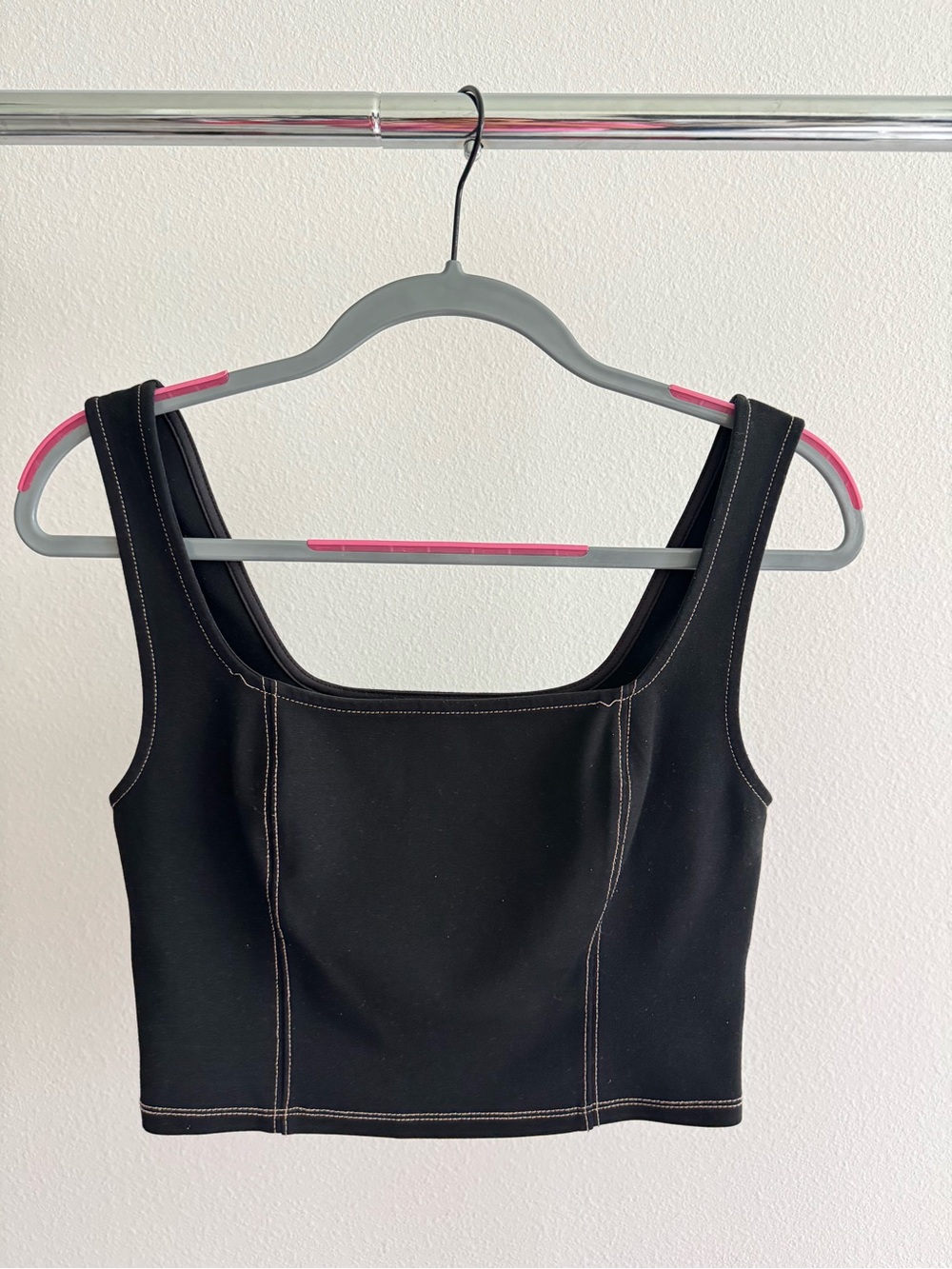 Black Square-Neck Crop Top with Contrast Stitching - Women